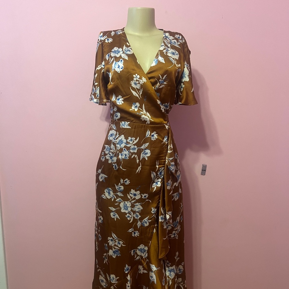 Satin Floral Midi Dress in Brown